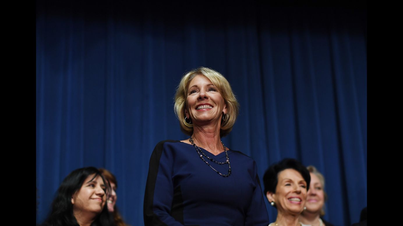Education Secretary Betsy DeVos, who was confirmed a day earlier, speaks at the Department of Education on Wednesday, February 8. Vice President Mike Pence <a href="http://www.cnn.com/2017/02/07/politics/betsy-devos-senate-vote/" target="_blank">cast a historic tie-breaking vote</a> to confirm DeVos after the Senate was divided 50-50. <a href="http://www.cnn.com/2017/01/10/politics/gallery/trump-cabinet-confirmation-hearings/index.html" target="_blank">Photos: Trump's nominees and their confirmation hearings</a>