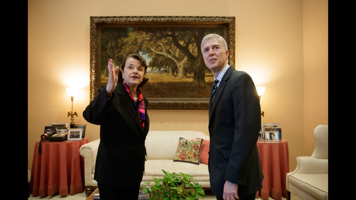 Supreme Court nominee Neil Gorsuch meets with US Sen. Dianne Feinstein on Monday, February 6. Gorsuch has been in Washington visiting with senators from both parties.