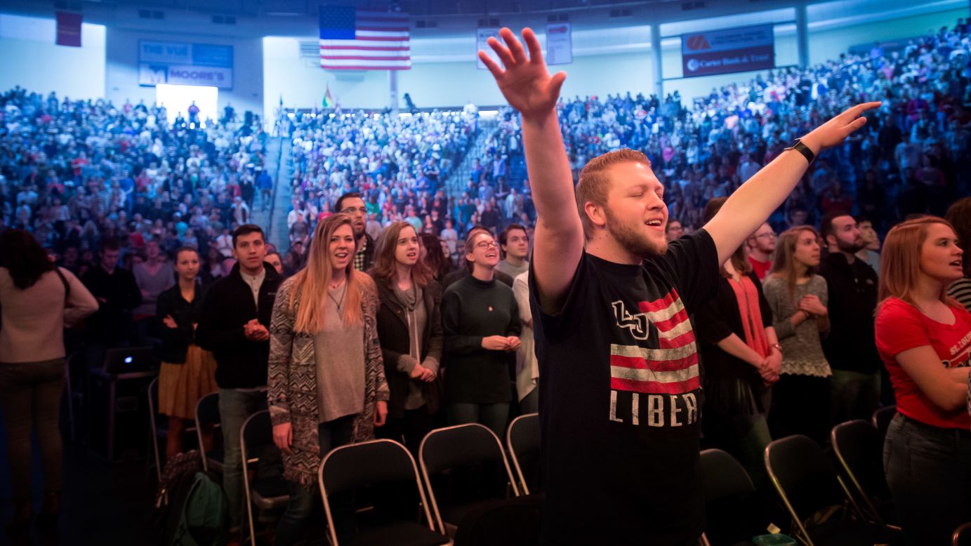 Liberty University students worship before Ed Gillespie, a Republican gubernatorial candidate, addressed them in Lynchburg, Virginia, on Monday, February 6.