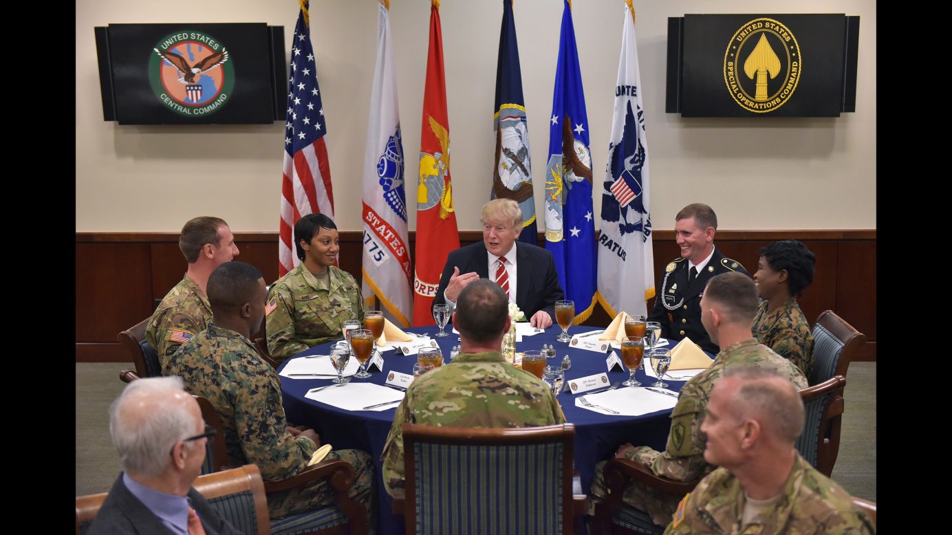 President Trump sits for lunch with troops during a visit to US Central Command, which is headquartered at MacDill Air Force Base in Tampa, Florida, on Monday, February 6.