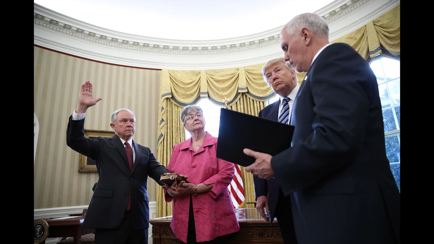 President Trump watches as Vice President Pence administers the oath of office to Attorney General Jeff Sessions on Thursday, February 9. Sessions, one of Trump's closest advisers and his earliest supporter in the Senate, <a href="http://www.cnn.com/2017/02/08/politics/jeff-sessions-vote-senate-slog/" target="_blank">was confirmed by a 52-47 vote</a> that was mostly along party lines. He was accompanied at the swearing-in by his wife, Mary.