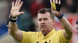 Welsh refere Nigel Owens gestures during the European Champions Cup rugby union match between Bordeaux-Begles and Clermont on January 15, 2017 at the Chaban-Delmas stadium in Bordeaux, southwestern France. / AFP / NICOLAS TUCAT        (Photo credit should read NICOLAS TUCAT/AFP/Getty Images)
