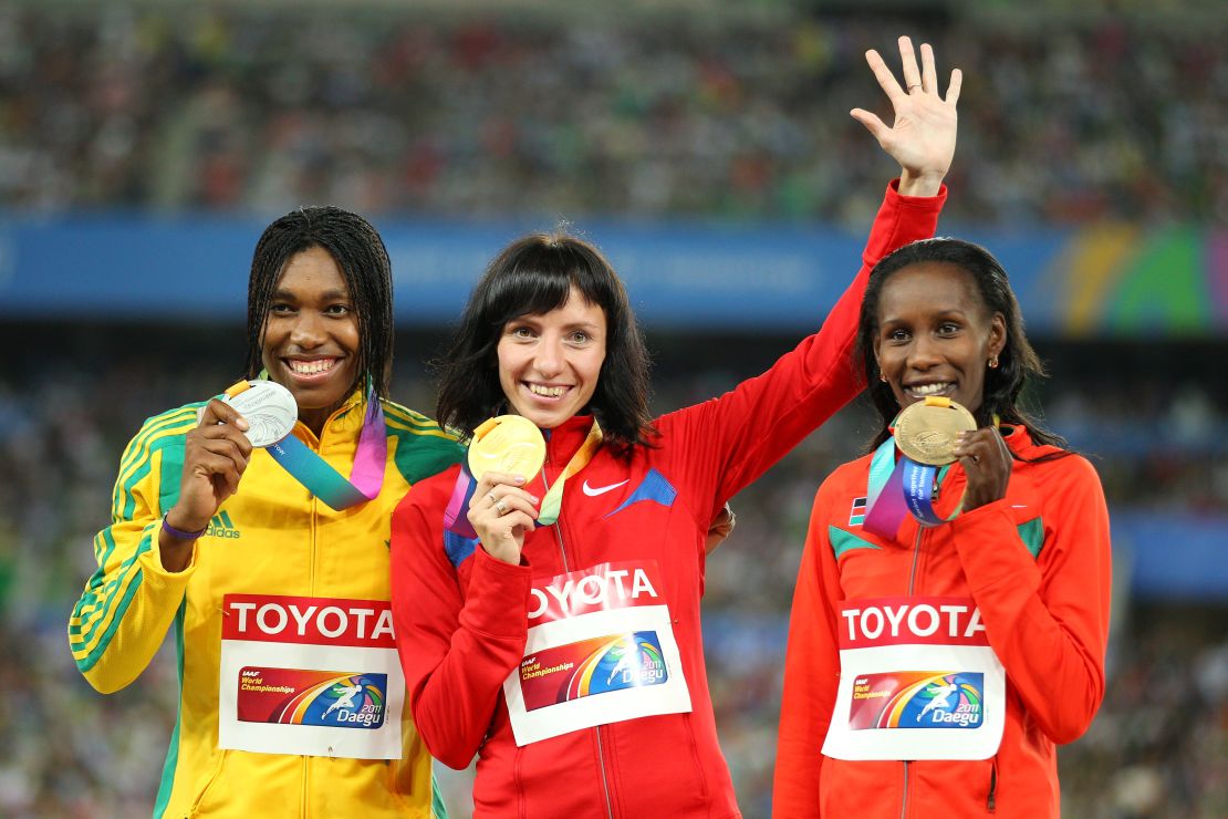 Semenya (left) and Savinova with their medals at the 2011 worlds in South Korea.  