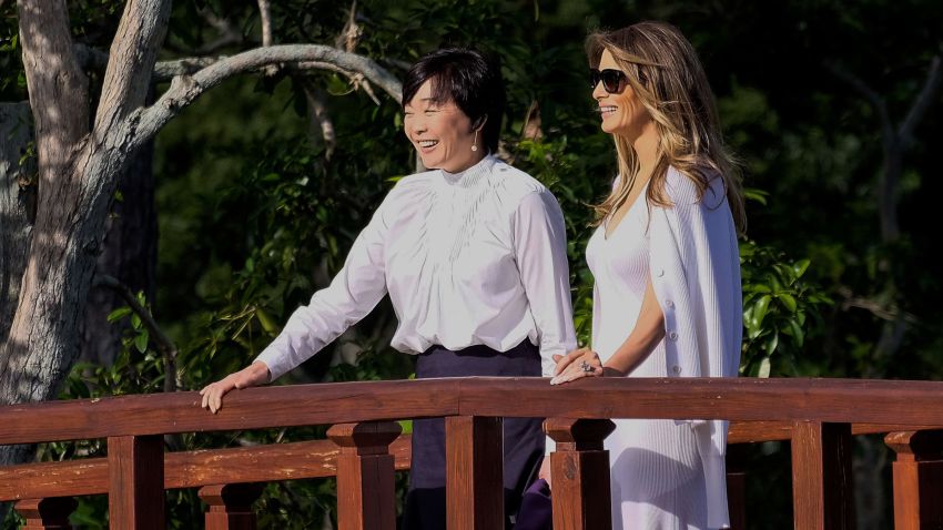 US First Lady Melania Trump and Akie Abe, wife of Japanese Prime Minister Shinzo Abe, tour Morikami Museum and Japanese Gardens in Delray Beach, Florida, on February 11, 2017. /