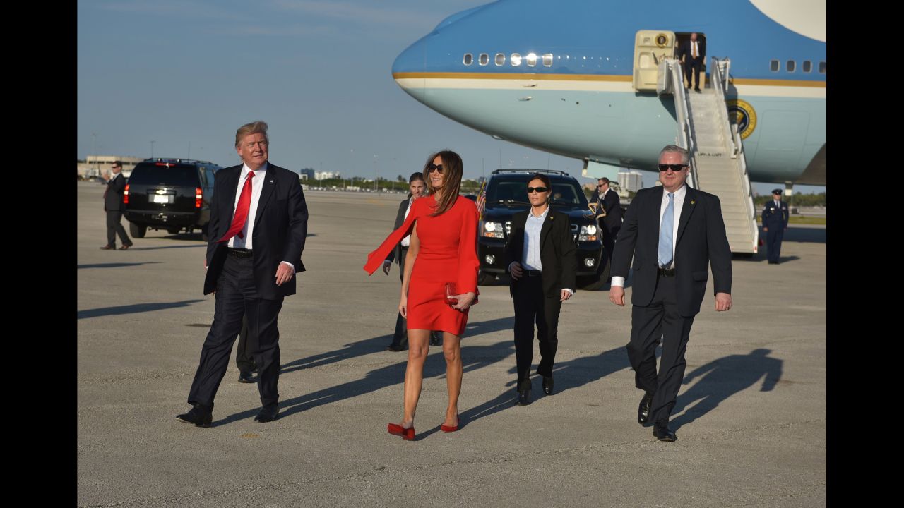 The first lady walks across the tarmac to greet well-wishers in West Palm Beach in February 2017.
