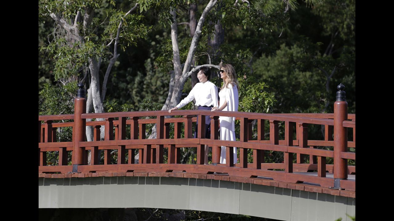 Trump and Akie Abe, wife of Japanese Prime Minister Shinzo Abe, <a href="http://www.cnn.com/2017/02/11/politics/melania-trump-akie-abe-garden-tour-florida/" target="_blank">tour the Morikami Museum and Japanese Gardens</a> in Delray Beach, Florida, in February 2017. It was Trump's first solo public appearance as first lady.