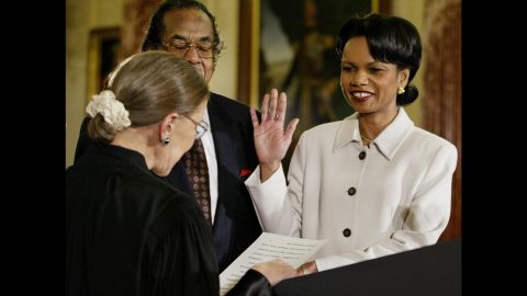 US Supreme Court Associate Justice Ruth Bader Ginsburg swears-in incoming Secretary of State Condoleezza Rice on January 2, 2005.