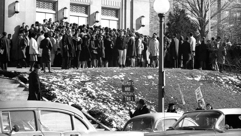 College and universities have long been hubs of free speech -- and hotbeds of protest. In this 1964 photo, civil rights groups picket a speech by Alabama Gov. George Wallace at the <strong>University of Cincinnati</strong> in Cincinnati, Ohio. The controversial Wallace, a leading spokesman for segregation, denounced a newly passed civil rights bill as a federal power grab. 