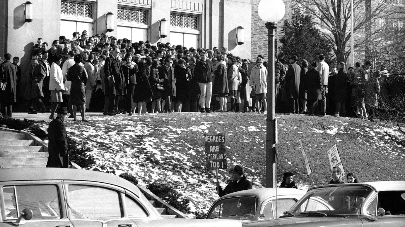 College and universities have long been hubs of free speech -- and hotbeds of protest. In this 1964 photo, civil rights groups picket a speech by Alabama Gov. George Wallace at the <strong>University of Cincinnati</strong> in Cincinnati, Ohio. The controversial Wallace, a leading spokesman for segregation, denounced a newly passed civil rights bill as a federal power grab. 