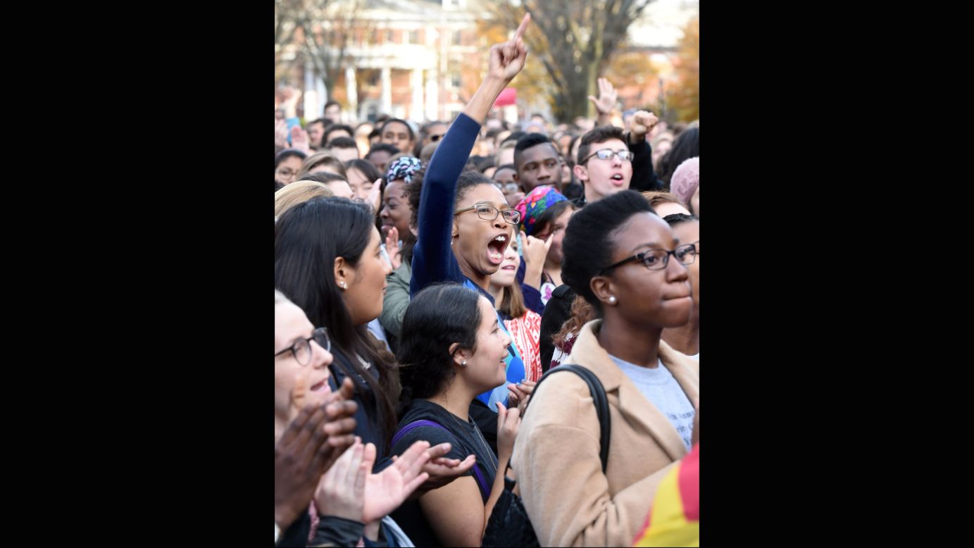 <strong>Yale University</strong> students and faculty rally November 9, 2015, to demand the school become more inclusive to all students. The "March of Resilience" followed several racially charged incidents at Yale, including allegations that a fraternity turned a woman away from a party because she was not white. 