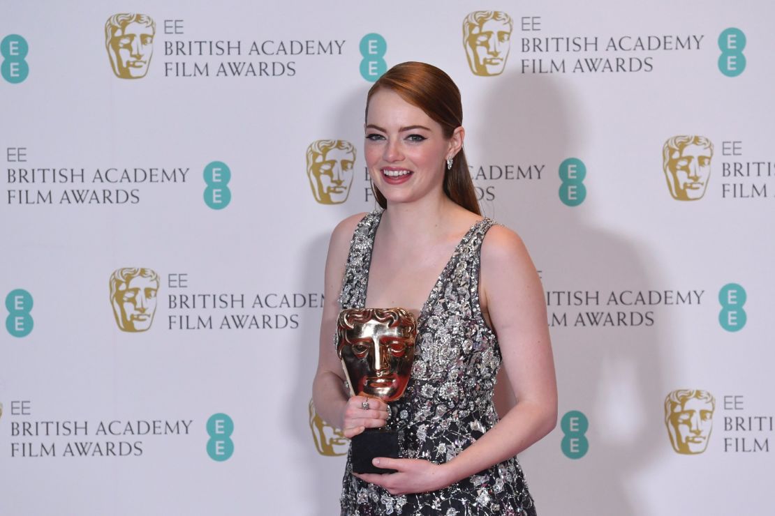 US actress Emma Stone poses with the award for a Leading Actress for 'La La Land' at the BAFTA Awards February 12, 2017.