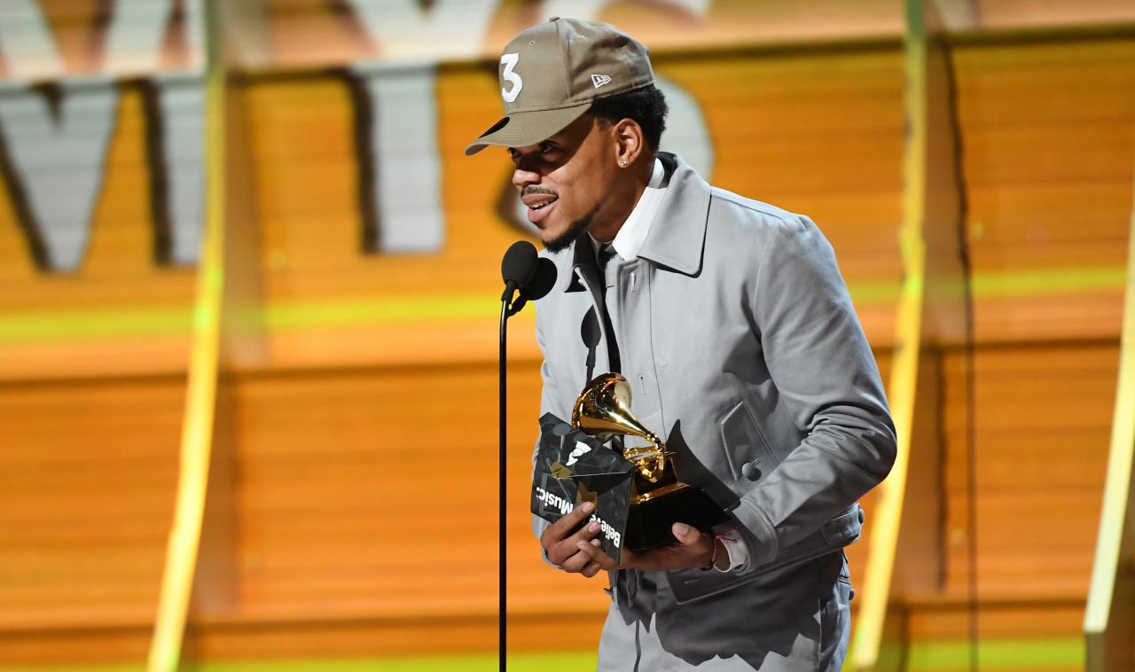 Chance the Rapper accepts the Grammy Award for best new artist. He also won best rap album for "Coloring Book" and best rap performance for "No Problem."