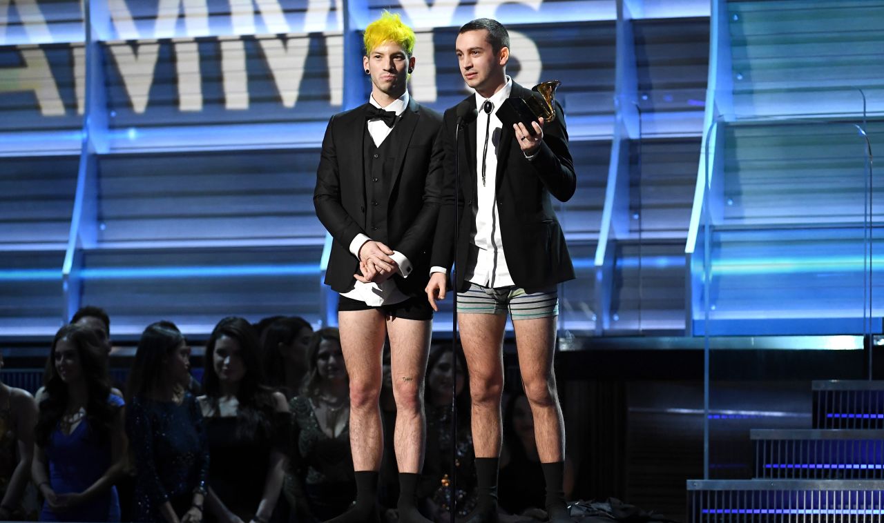 Josh Dun, left, and Tyler Joseph of Twenty One Pilots took off their pants before accepting the award for best pop duo/group performance ("Stressed Out"). Joseph explained that as aspiring musicians years ago, they had watched the Grammys at his house in their underwear. They told each other that if they ever won a Grammy, they would receive it in their undies.