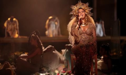 Beyonce performs during the live show. She later won the Grammy for best urban contemporary album ("Lemonade").  