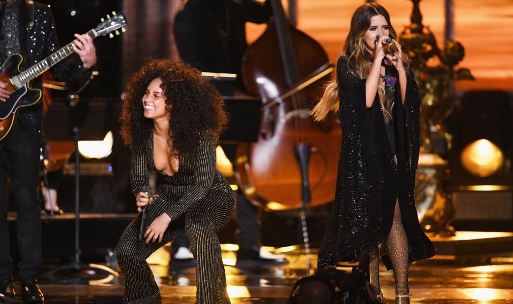 Maren Morris, at right with Alicia Keys, took home the award for best country solo performance ("My Church").