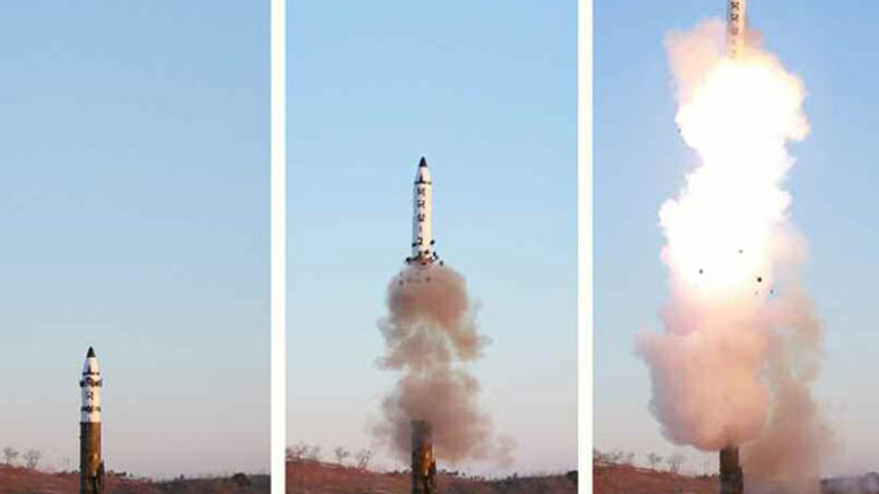 This photo from North Korean state media shows the firing of the Pukguksong-2 on Sunday. The split image appears to show the cold-launching system in effect.