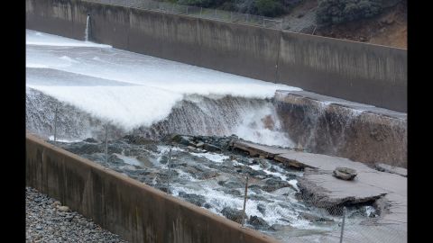 Chunks of concrete are seen breaking off in the dam's primary spillway on Tuesday, February 7. Lake Oroville managers stopped sending water over the spillway Tuesday after noticing the damage caused by erosion.