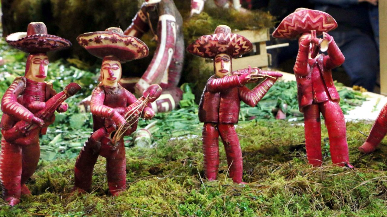 Mariachi magic. The "Night of the Radishes" is the world's foremost radish-carving competition.