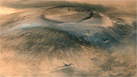 A spectacular 3D view of Arsia Mons, a huge volcano on Mars.