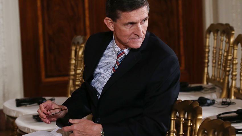 WASHINGTON, DC - FEBRUARY 10: National Security Adviser Michael Flynn sits before U.S. President Donald Trump and Japanese Prime Minister Shinzo Abe hold a joint press conference at the White House on February 10, 2017 in Washington, DC. The two answered questions from American and Japanese press. (Photo by Mario Tama/Getty Images)