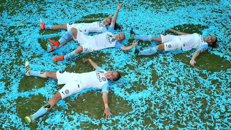 Soccer players from Melbourne City celebrate after winning the W-League Grand Final on Sunday, February 12. They defeated Perth Glory 2-0 to win the league for a second straight season.