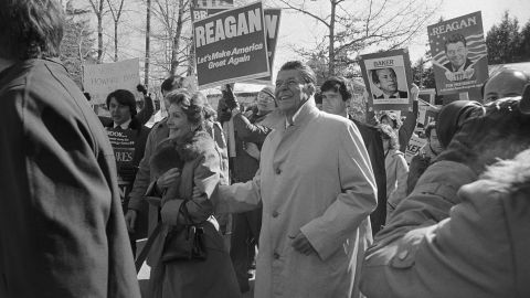 In this Feb. 26, 1980, file photo, Republican presidential hopeful Ronald Reagan and wife Nancy do some last-minute campaigning in Manchester for New Hampshire's presidential primary.