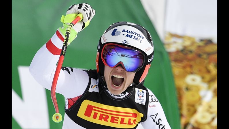 Austrian skier Nicole Schmidhofer reacts after finishing a super-G run at the World Championships on Tuesday, February 7. It was her first career win. 