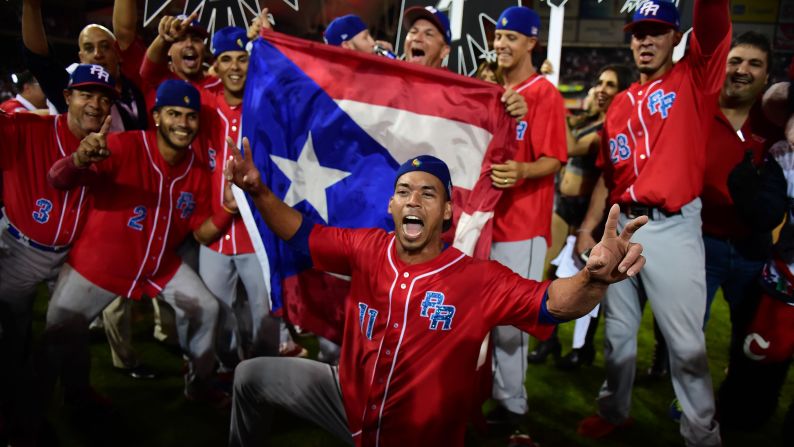 Players from the Puerto Rican baseball team Criollos de Caguas celebrate their Caribbean Series title on Tuesday, February 7. In the final, they defeated Mexico's Aguilas de Mexicali.