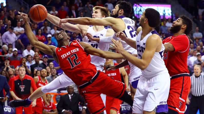Texas Tech guard Keenan Evans has his shot blocked during a game at TCU on Tuesday, February 7.