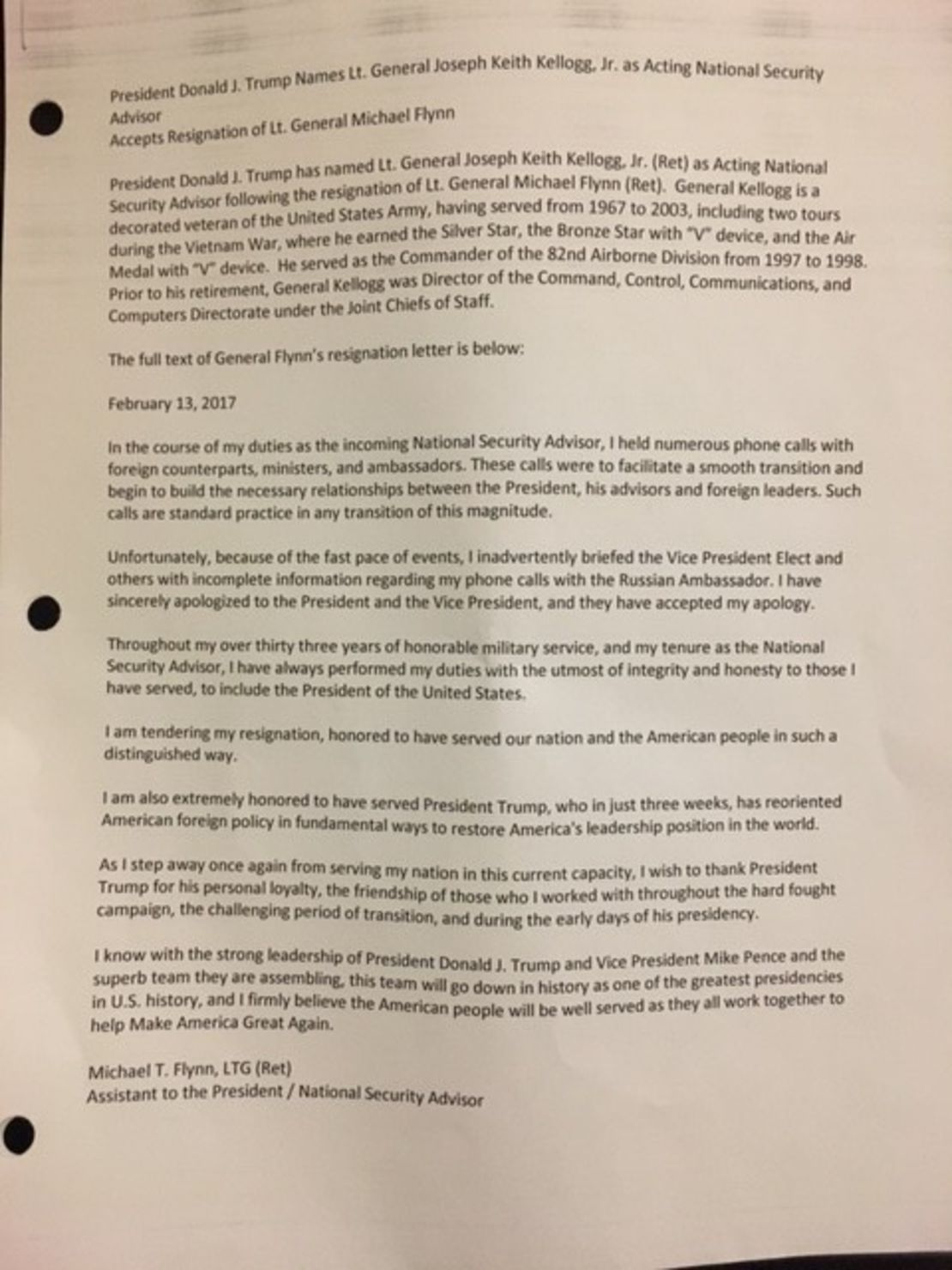 Flynn resignation letter