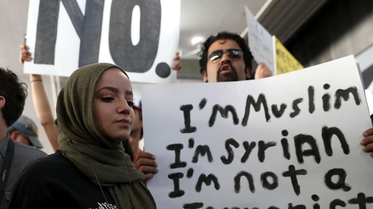 Protesters demonstrate against Trump's immigration ban at Los Angeles International Airport on January 29, 2017.