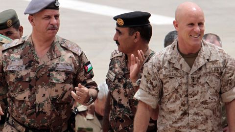 Then-Navy Vice Admiral Robert S. Harward (right) attends the "Eager Lion" joint military exercise at the King Abdullah Special Operations Training Centre in Amman on May 27, 2012. 
