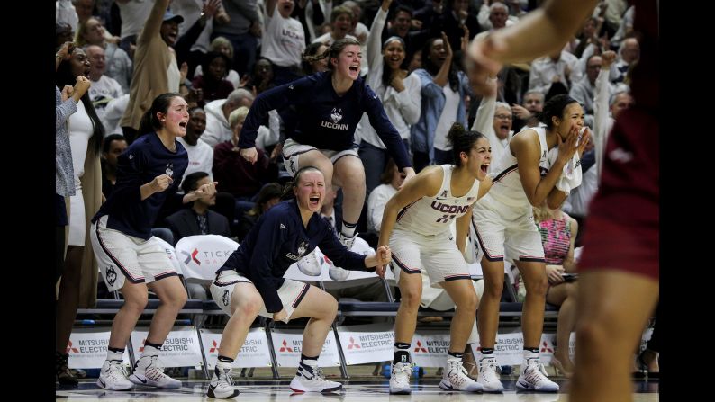 The University of Connecticut bench erupts as they  celebrate a basket during the team's 100th win on Monday, February 13.
