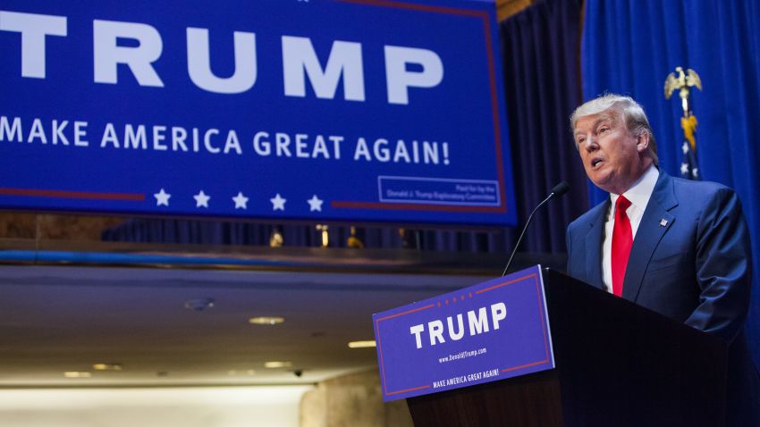 NEW YORK, NY - JUNE 16:   Business mogul Donald Trump gives a speech as he announces his candidacy for the U.S. presidency at Trump Tower on June 16, 2015 in New York City.  Trump is the 12th Republican who has announced running for the White House.  (Photo by Christopher Gregory/Getty Images)