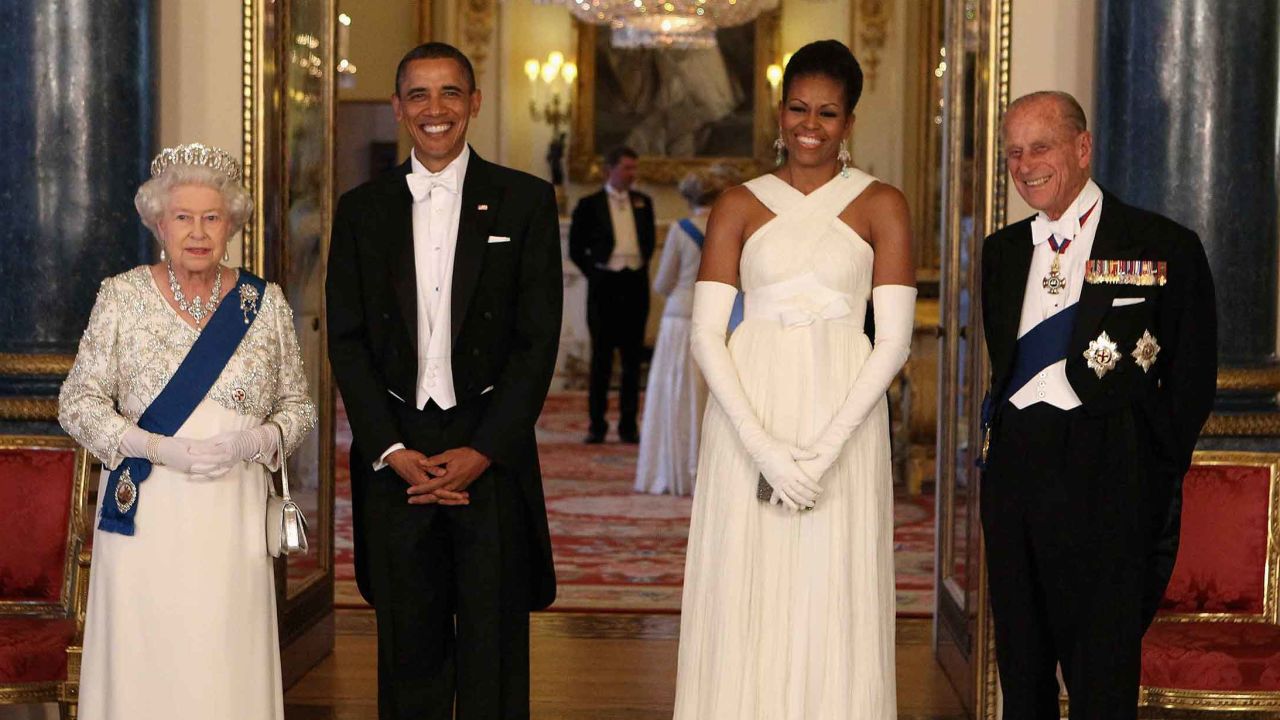 Former US President Barack Obama and wife Michelle pose with Queen Elizabeth II and Prince Philip, Duke of Edinburgh ahead of the 2011 state banquet. 