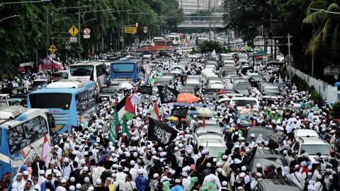 Indonesian Muslims take part in an anti-Ahok rally in Jakarta ahead of this week's election.