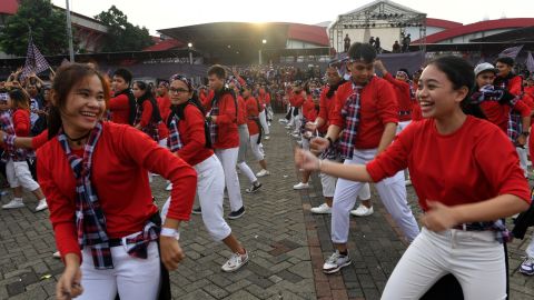 Dancers perform for supporters of the Jakarta governor at his final campaign rally Saturday.