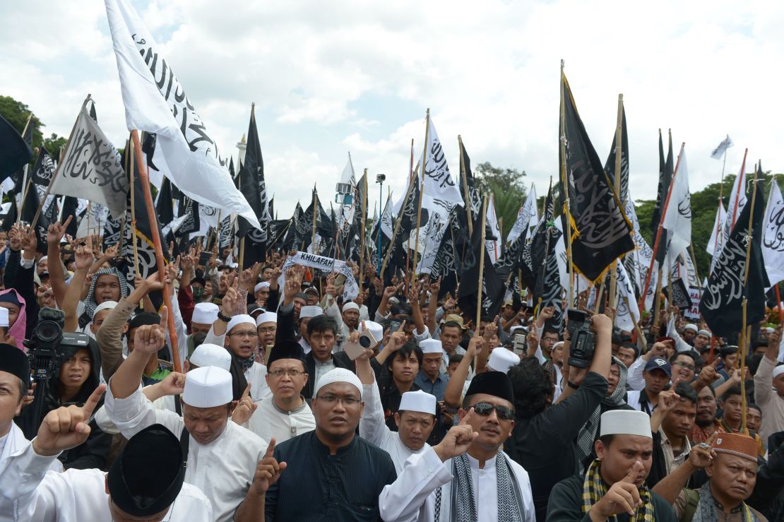 Indonesians rally in support of Muslim clerics at the National Monument in Jakarta this month.
