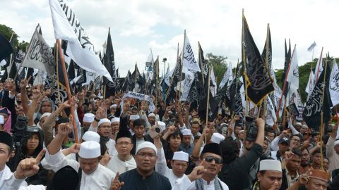 Indonesians rally in support of Muslim clerics at the National Monument in Jakarta this month.