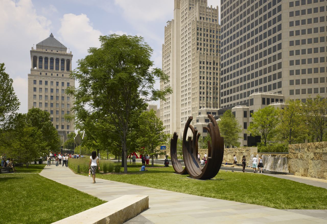 Citygarden, a two-block-long sculpture garden, opened in 2009 on Gateway Mall as part of a larger downtown St. Louis revitalization project.