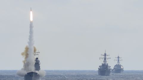 USS Monterey launches an interceptor missile during a live-fire test of the Aegis weapons systems.