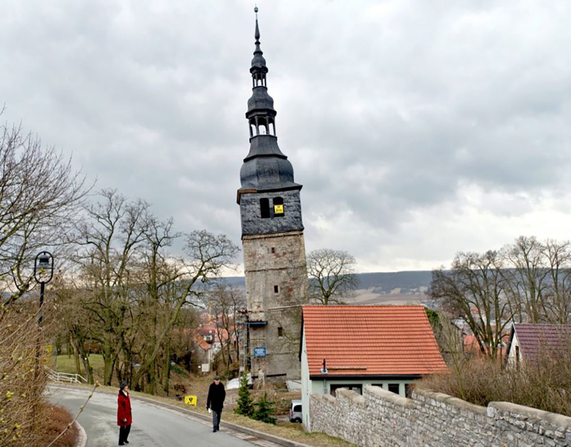 The 184 foot (56 meter) high tower on the Church of Our Beloved Ladies by the Mountain in the German spa town of Bad Frankenhausen was first reported to be subsiding in historical documents from 1640. The tower has listed further to the northeast since that time and is now estimated to have a 4.8 degree lean. Fearing imminent collapse, the German government approved funding for restoration works to stabilize the structure in 2014. 
