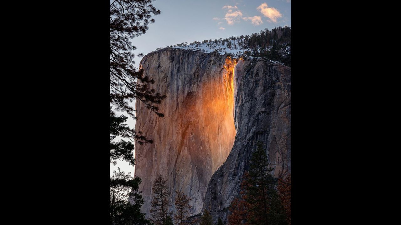 The 'firefall' illuminates Horsetail Fall in Yosemite National Park.