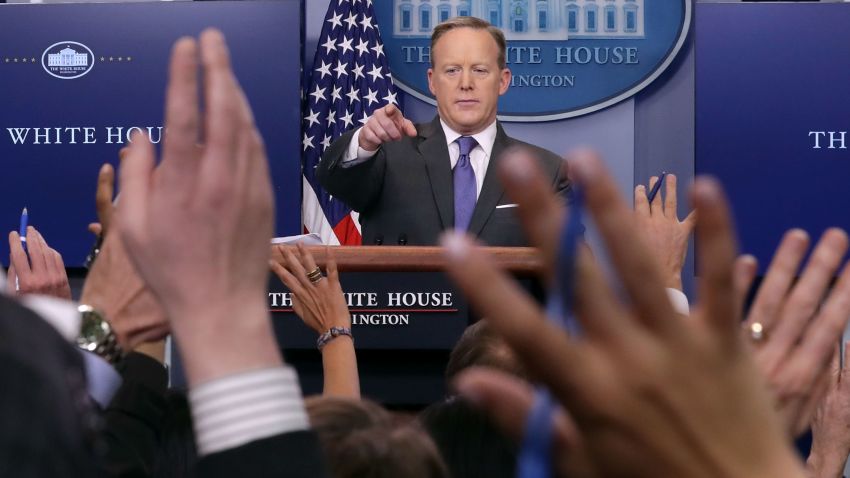 WASHINGTON, DC - JANUARY 30:  White House Press Secretary Sean Spicer reacts to reporters' questions in the Brady Press Briefing Room at the White House January 30, 2017 in Washington, DC. U.S. President Donald Trump announced Monday that he will reveal his 'unbelievably highly respected' pick to replace the late Supreme Court Antonin Scalia on Tuesday evening.  (Photo by Chip Somodevilla/Getty Images)