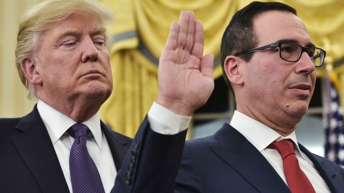 Trump watches as Steven Mnuchin is <a href="http://www.cnn.com/2017/02/13/politics/steven-mnuchin-senate-confirmation-vote-david-shulkin/" target="_blank">sworn in as treasury secretary</a> on Monday, February 13. The Senate vote was 53-47, mostly along party lines.