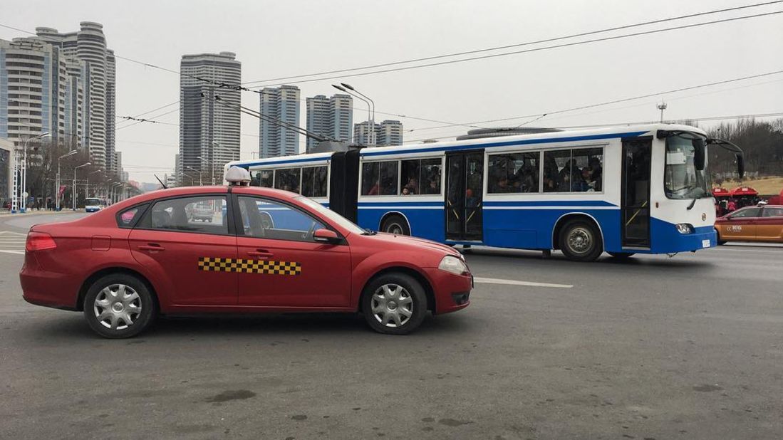 Taxis are becoming more prevalent on the streets of Pyongyang. Most commuters still ride buses. 