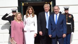 US President Donald Trump and First Lady Melania Trump welcome Israeli Prime Minister Benjamin Netanyahu and his wife, Sara, as they arrive at the White House in Washington, DC, February 15, 2017