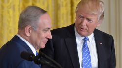 US President Donald Trump(R) welcomes Israeli Prime Minister Benjamin Netanyahu during a joint press conference at the White House in Washington, DC, February 15, 2017. / AFP / MANDEL NGAN        (Photo credit should read MANDEL NGAN/AFP/Getty Images)