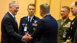 U.S. Secretary of Defense Jim Mattis (L) speaks with members of his delegation prior to a meeting at NATO headquarters in Brussels on February 15, 2017. 
NATO allies meet new US Defence Secretary James Mattis for the first time in Brussels seeking reassurance over President Donald Trump's commitment but bracing for military spending demands. / AFP / POOL / Virginia Mayo        (Photo credit should read VIRGINIA MAYO/AFP/Getty Images)