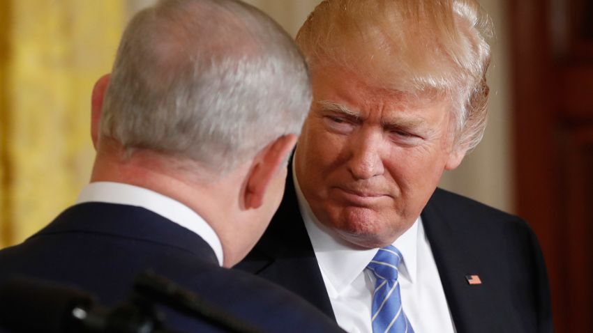 President Donald Trump and Israeli Prime Minister Benjamin Netanyahu shake hands during a joint news conference in the East Room of the White House in Washington, Wednesday, Feb. 15, 2017. (AP Photo/Pablo Martinez Monsivais)